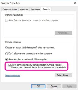 server manager system properties disabled network level authentication
